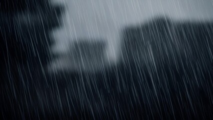 Heavy rain falling against a blurred background of dark city buildings on a gloomy day.