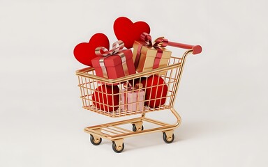 3D gold shopping cart with red gift boxes and hearts for Valentine's Day sale, isolated.