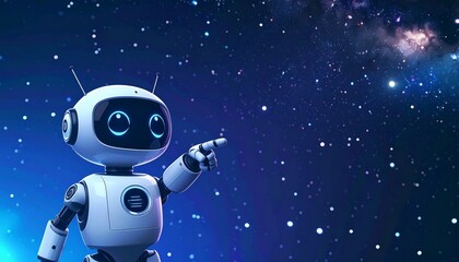 Friendly Robot Character Pointing at Space