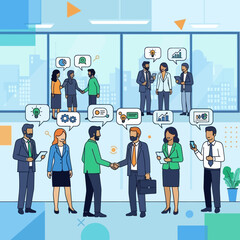 Business people collaborating and shaking hands in a modern office with city view