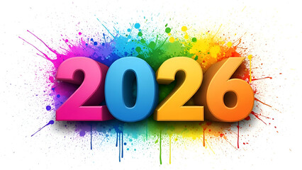 Title: Brightly colored 2026 year number with multicolored splatter paint background