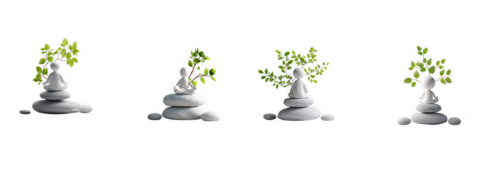 Four stacked stone figures with leafy tops in varying stages of growth on transparent background