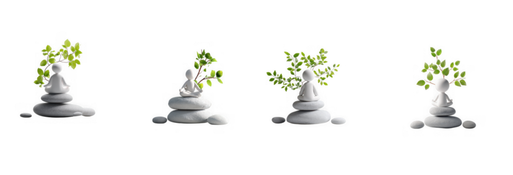 Four stacked stone figures with leafy tops in varying stages of growth on transparent background - Powered by Adobe