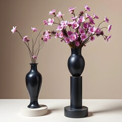 Studio shot of two black vases with flowers, on podiums.