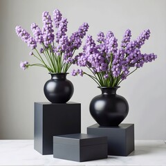 Studio shot of two black vases with flowers, on podiums.