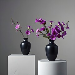 Studio shot of two black vases with flowers, on podiums.