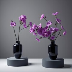 Studio shot of two black vases with flowers, on podiums.