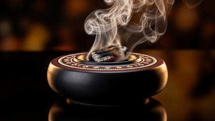 Elegant incense burner with smoking oud wood and traditional geometric sadu design

