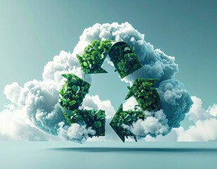 Lush green recycling symbol composed of foliage floating in a bright, cloudy sky.