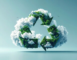 A surreal, floating recycling symbol composed of lush green forests and white clouds against a light blue sky.