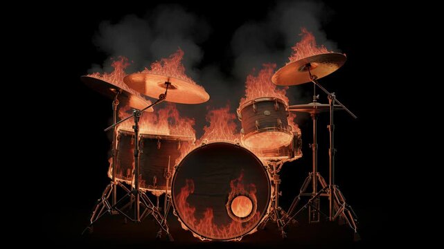 Drum set burns with vivid orange and red flames on a black background. Smoke rises and metal hardware glows, conveying energy and danger for music or performance concepts
