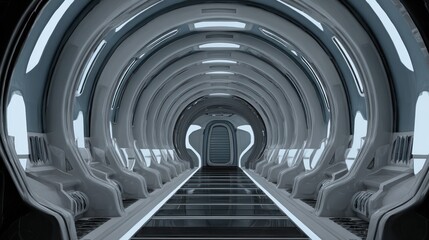 Obraz premium Sleek, futuristic interior corridor design features illuminated details and symmetrical seating arrangements