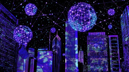 Illuminated abstract network spheres hover above a futuristic city skyline at night