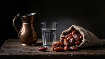 Copper jug standing next to glass of water and pile of dates  