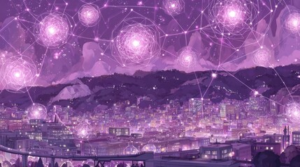 Glowing ethereal network structures overlay a sprawling metropolis set against a purple evening mountain landscape.