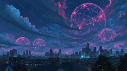 Enormous glowing spheres hover above a sprawling metropolis beneath a dramatic twilight sky