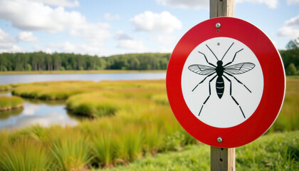 Mosquito warning sign in wetland area with scenic landscape and blue sky