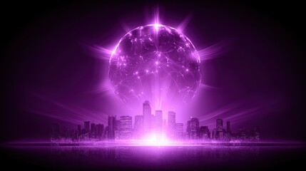 Gigantic glowing sphere hovers above a darkened urban skyline radiating intense purple light