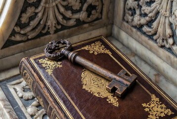 Large antique key resting on a vintage leather-bound book with gilded patterns