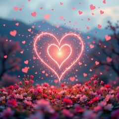 A square gentle romantic scene with faint sparkles rising upward toward a softly glowing heart shape