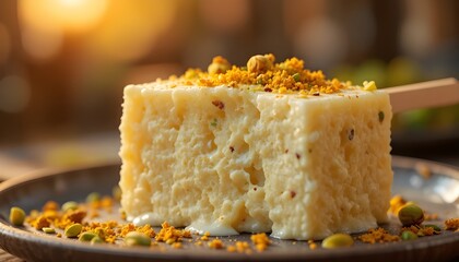  Traditional Surat-style kulfi ice cream served on a wooden stick, rich creamy texture with saffron and pistachio garnish, slightly melting surface, authentic Indian street food presentation, warm eve