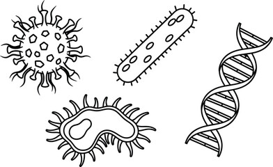 Set of 4 Microbiology shapes outline virus cell bacteria rod amoeba and DNA double helix