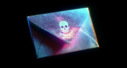 Envelope with a skull icon glowing in the dark, cyber background.