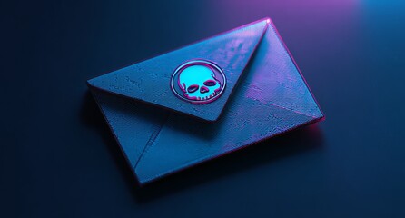 Envelope with a skull icon glowing in the dark, cyber background.