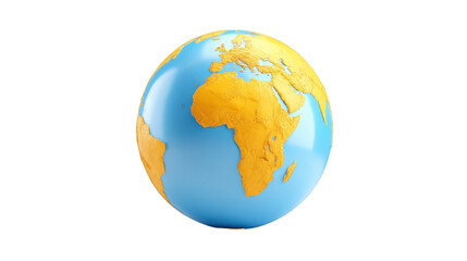 Obraz premium Yellow and blue globe showing Africa, Europe, and parts of Asia with detailed continents, smooth ocean surface, and minimalistic style, evoking modern and educational feel