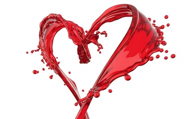 3D red liquid splash heart isolated on white for Valentine's Day love and passion concept.