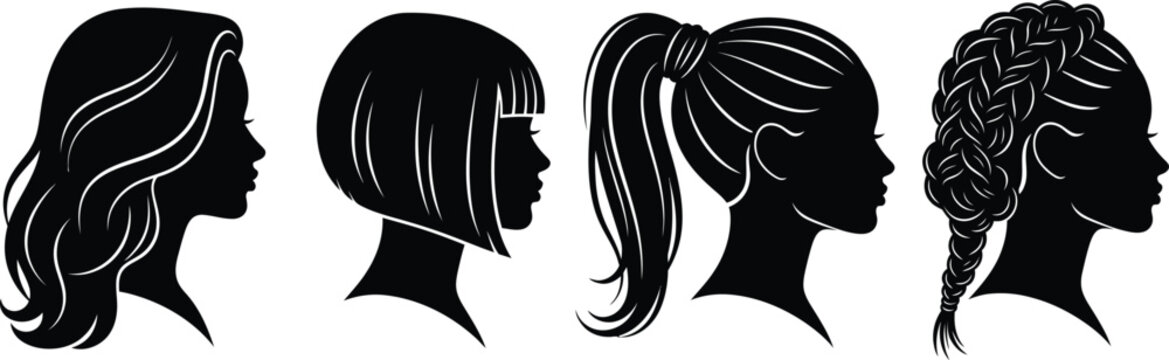 Set of 5 Female Hairstyles silhouette long wavy hair bob cut ponytail bun and braided style side profile