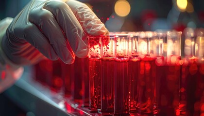 A gloved hand carefully handles test tubes filled with bright red liquid in a laboratory setting.