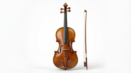 Fototapeta premium Violin Isolated on White Background with Bow, Full Length Classical Wooden Instrument for Studio Music Photography 