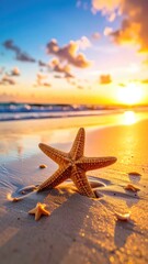 Fototapeta na wymiar A vibrant starfish rests on the wet sand during a golden beach sunset.