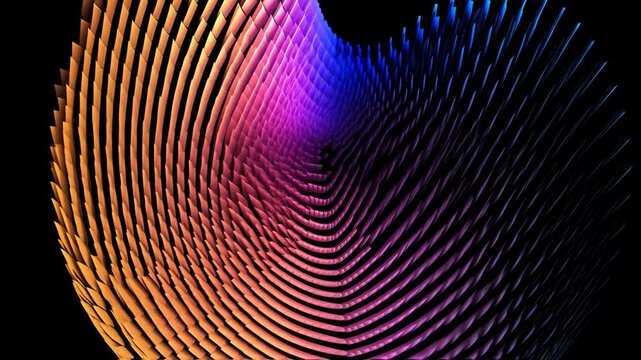 Abstract sculptural wave made of layered scale-like elements in a continuous multicolor gradient. The dark background isolates the form and highlights flowing contours, depth, and smooth transitions u