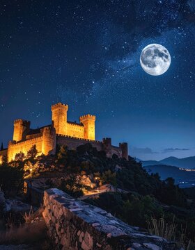 Illuminated medieval castle perched on a hill under a brilliant full moon and starry night sky.