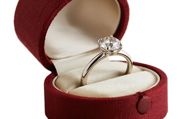 Diamond engagement ring in red velvet box isolated for Valentine's Day proposal 3D render.