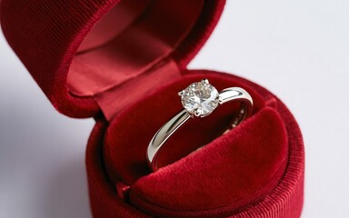 Diamond engagement ring in red velvet box isolated for Valentine's Day proposal 3D render.