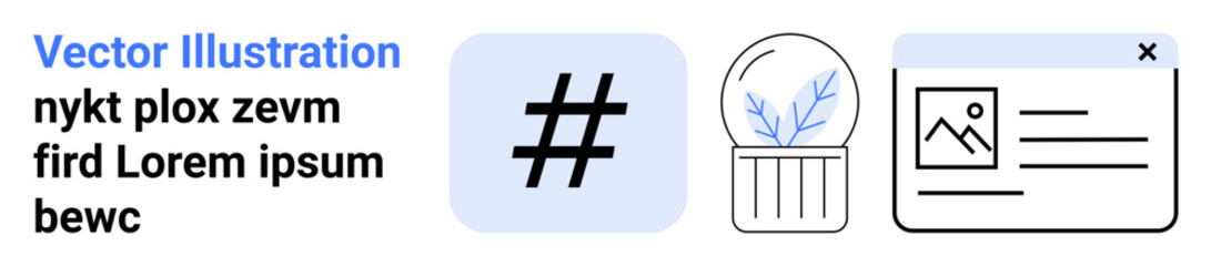 Obraz premium metadata tag icon, plant inside a glass dome, and a content card with an image and text. Ideal for social media, branding, nature, eco concepts, UI design, marketing blogging simple landing page