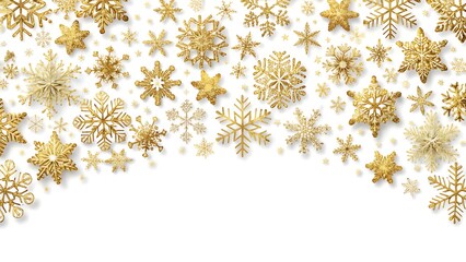 Elegant golden snowflakes create a shimmering festive border on a pristine white background