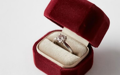 Diamond engagement ring in red velvet box isolated for Valentine's Day proposal 3D render.