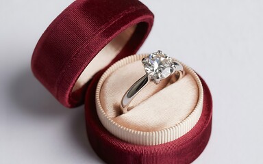 Diamond engagement ring in red velvet box isolated for Valentine's Day proposal 3D render.