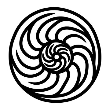 A black and white spiral design centered in a circular frame, viewed directly from the front.