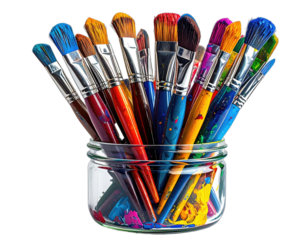 A vibrant array of paintbrushes, each dipped in a rainbow of colors, contained in a glass jar