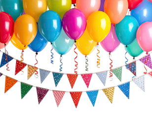 A vibrant collection of colorful balloons and festive bunting, arranged against a black background