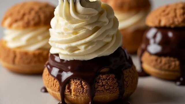 Delicious Cream Puffs with Chocolate and Vanilla Cream - A Sweet Treat.