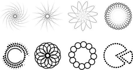 Fototapeta premium Collection of eight abstract circular graphic design elements featuring various geometric dot patterns and swirling line formations, perfect for background accents or logo concepts
