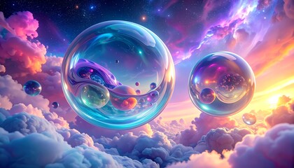 Celestial spheres floating among clouds and stars