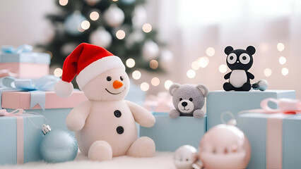 Title: A snowman wearing a Santa hat surrounded by presents and toys with a Christmas tree in the