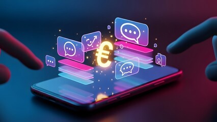 Digital finance and communication hands interacting with a glowing smartphone display